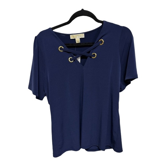 Michael Michael Kors Lace Up Short Sleeve Navy Shirt Size Medium NWT Office - Picture 1 of 5